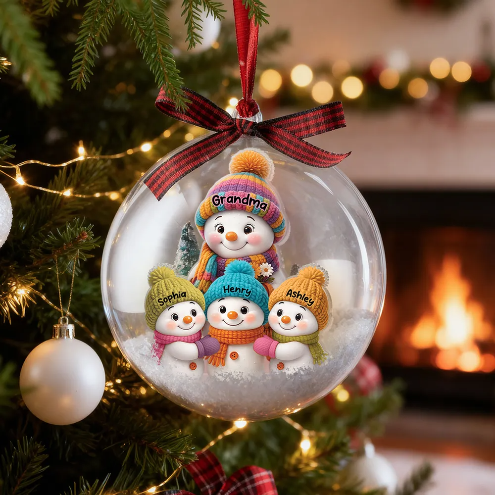 Snowman Grandma and Grandkids Personalized Snow Globe Ornament