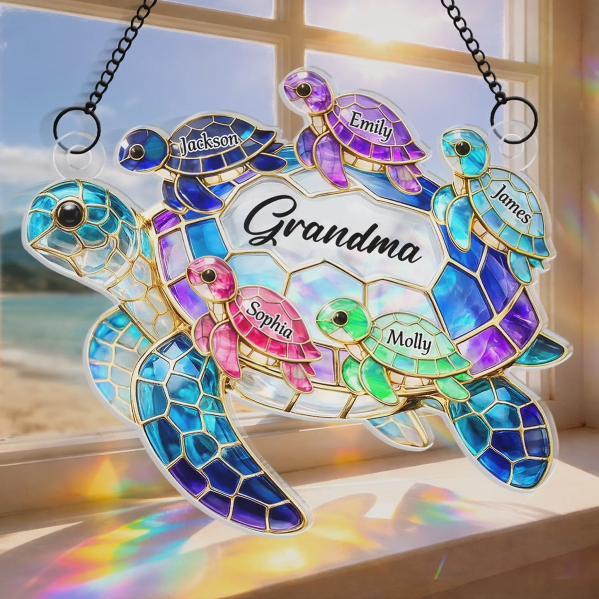 Custom Window Hanging Suncatcher-Personalized Turtle Family Ornament-Mother's Day Gift