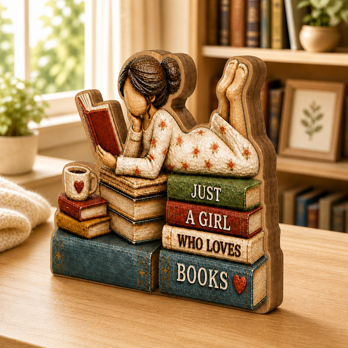 Just A Girl Who Loves Books, Personalized Girl Reading Books Wooden Block