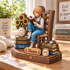 Personalized Book Lover Wooden Block, Custom Name Reading Girl Decor