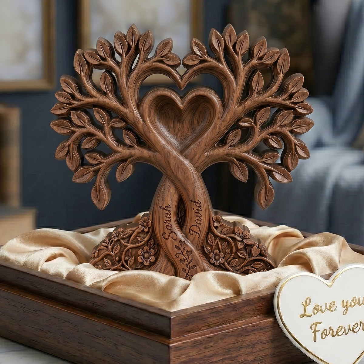 Personalized Couple Heart Tree Wooden Block, Gift For Couples