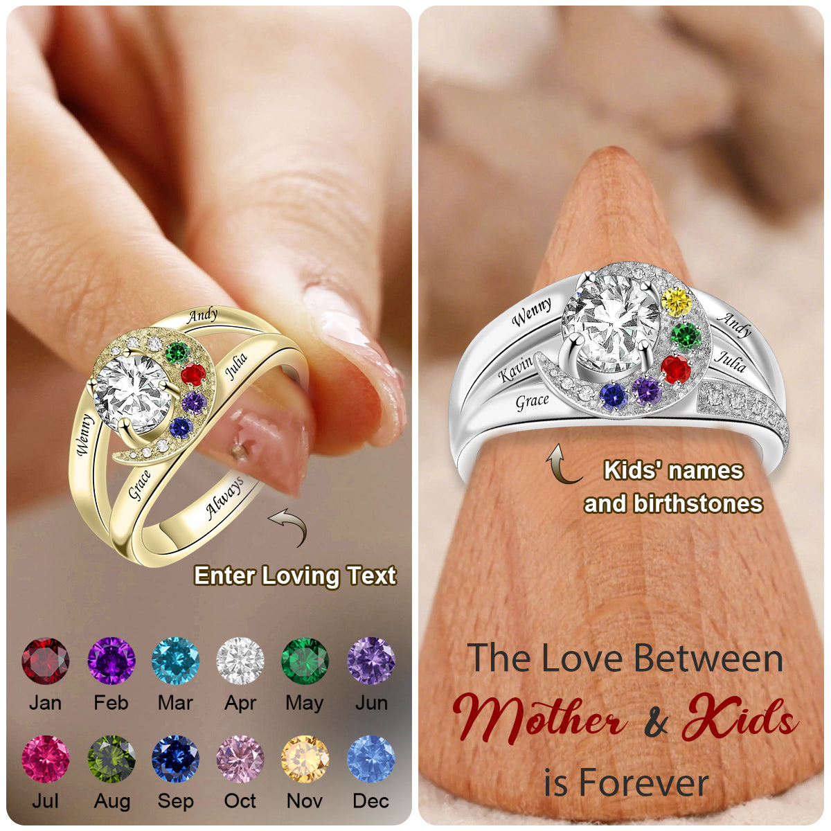 Personalized Ring with Family Names and Birthstones-For Grandma/Mom