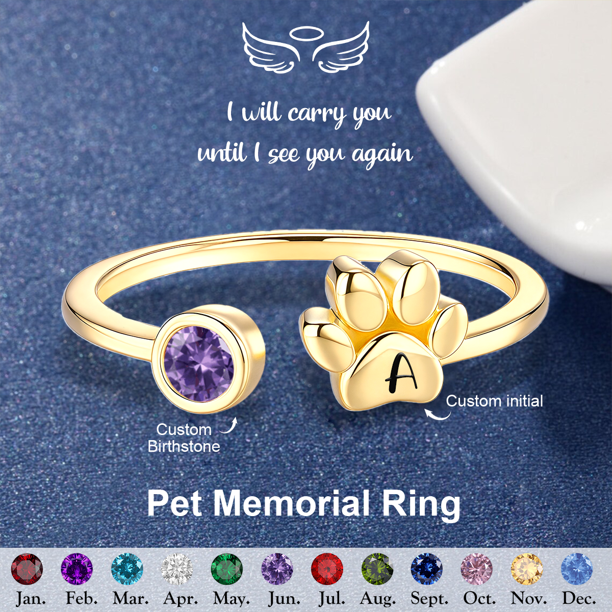 Personalized Alphabet Initial Pet Paw Birthstone Ring