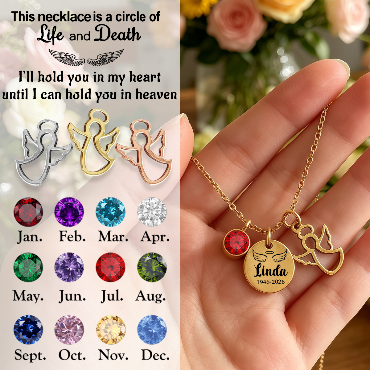 Always In My Heart, Personalized Angel Birthstone Memorial Necklace