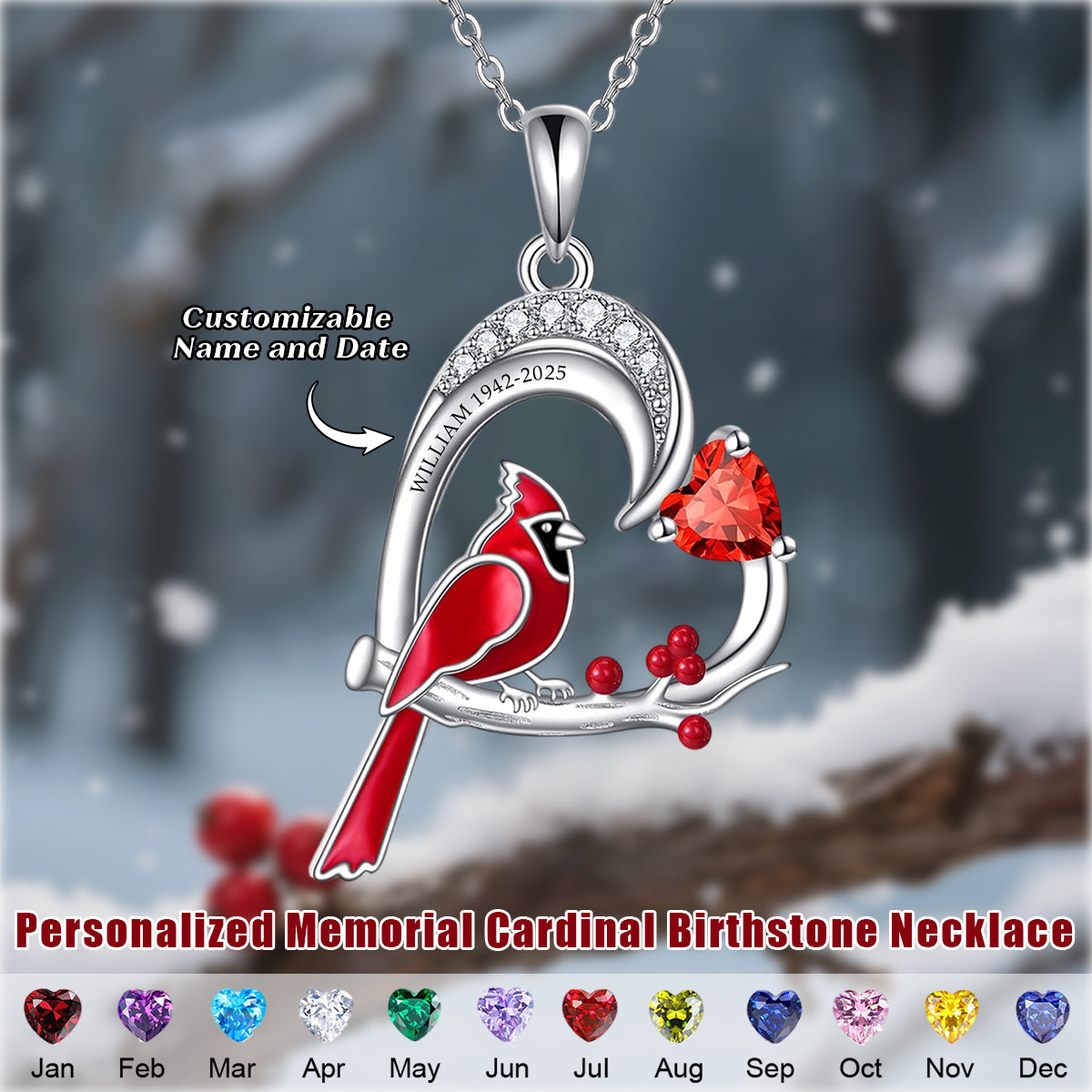 Personalized Memorial Cardinal Birthstone Necklace