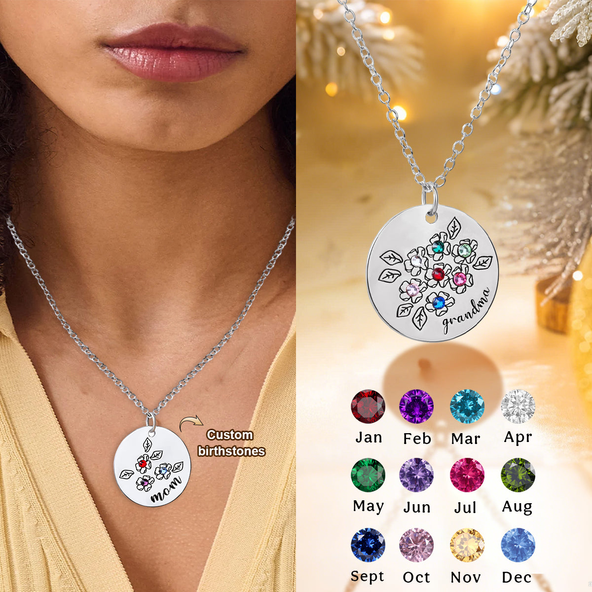 Personalized Family Birthstone Mother's Flower Necklace