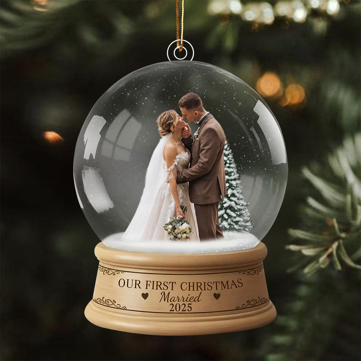 First Christmas Married Ornament - Custom Photo Snow Globe Keepsake