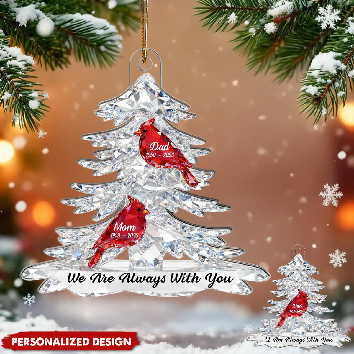 3D Crystal Effect Christmas Cardinals Memorial - Personalized Acrylic Ornament