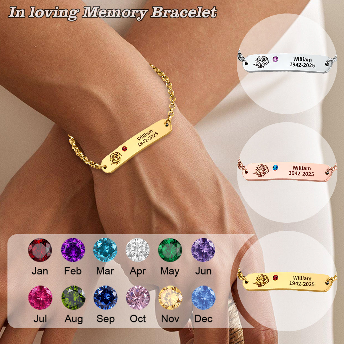 Personalized Name Date and Birthstone Memorial Bracelet