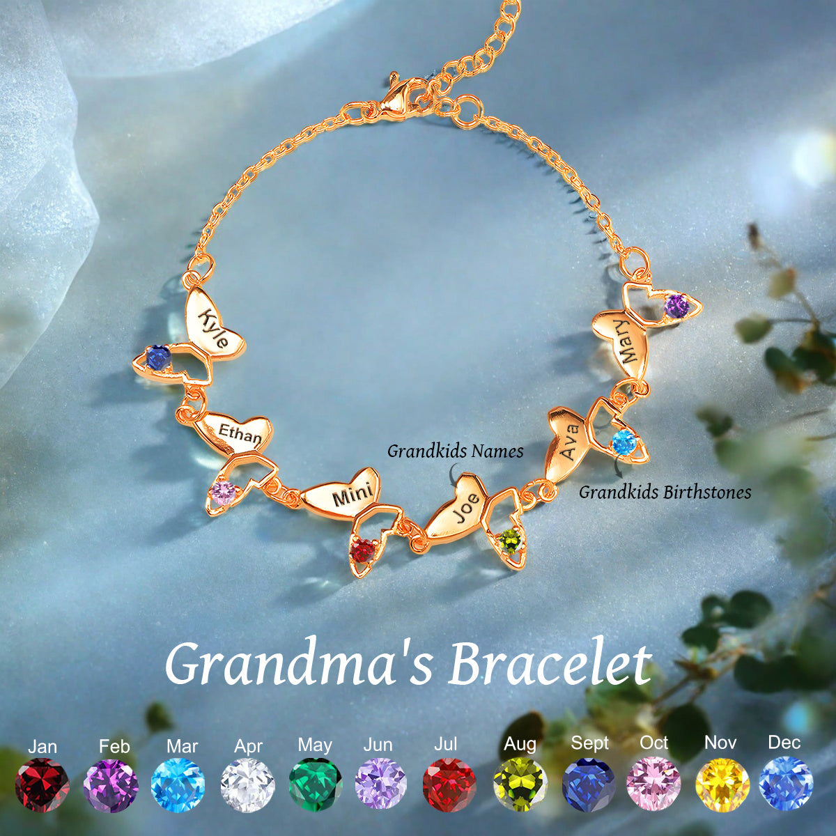 Personalized Butterfly Name Birthstone Bracelet For Mom Grandma