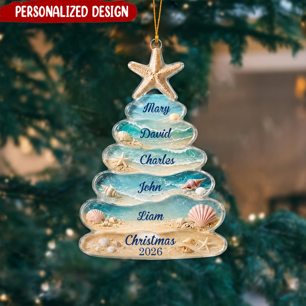 Personalized Sea Glass Tree Ornament, Coastal Family Christmas Keepsake