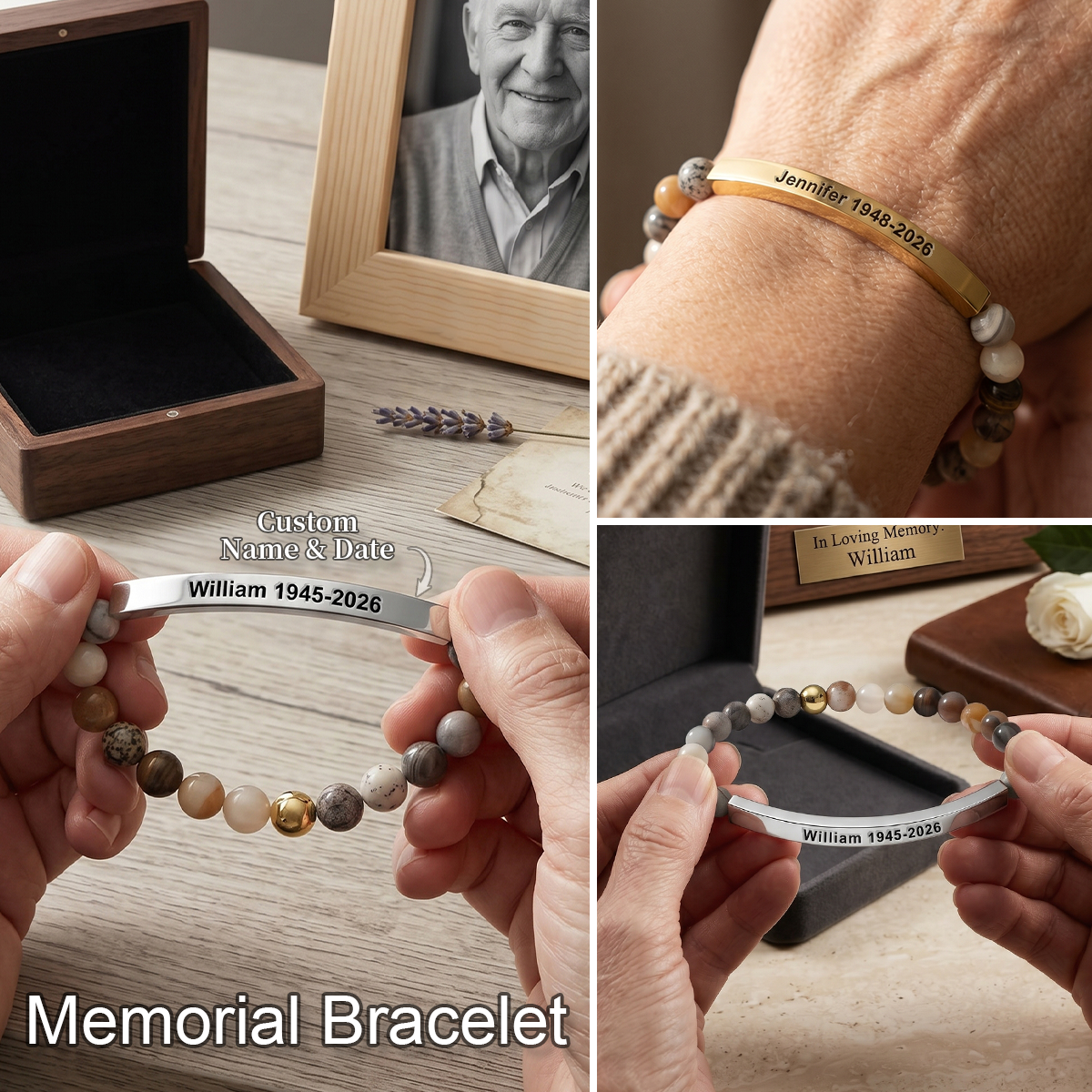 Custom Memorial Bracelet | Natural Stone Beads, Engraved Bar, Sympathy Gift