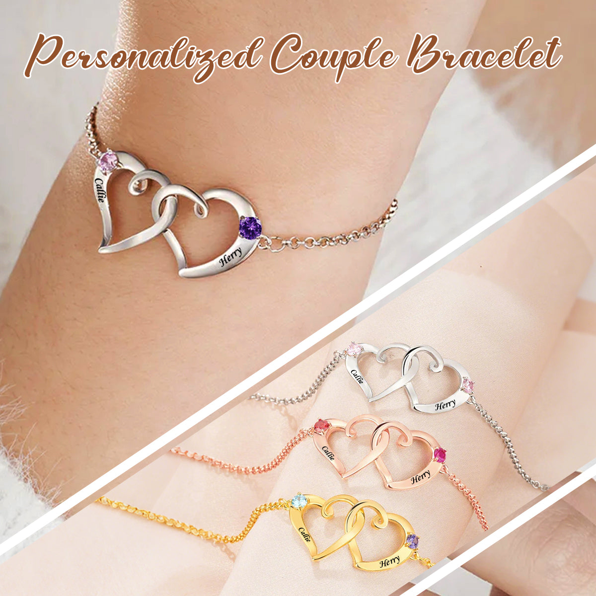 Personalized Heart-Shaped Name Birthstone Couple Bracelet