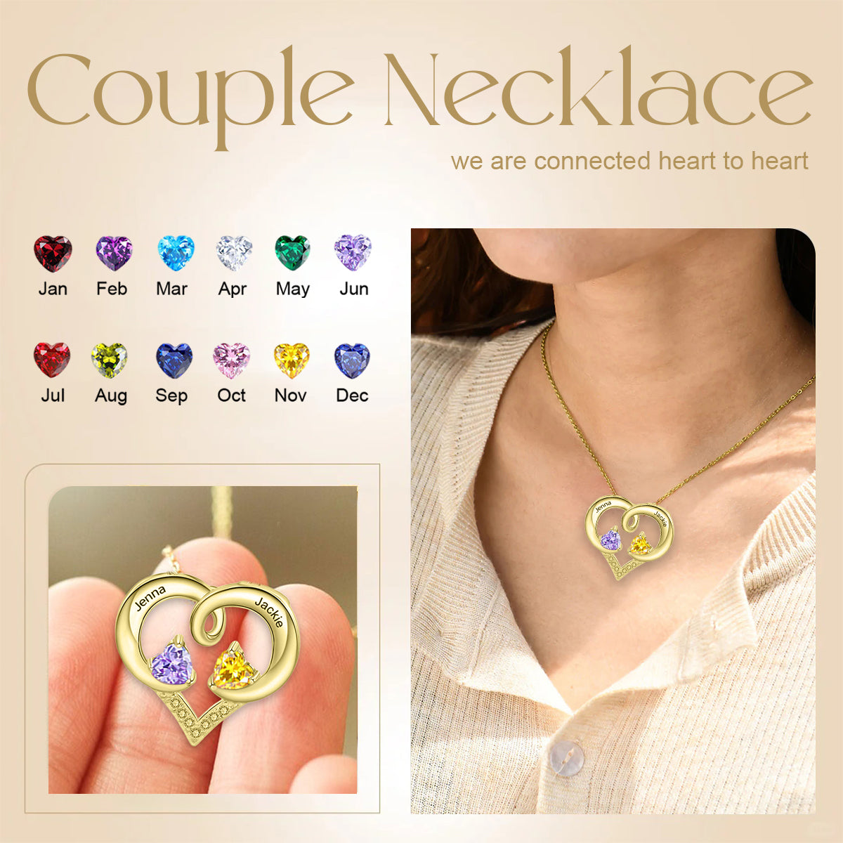 Personalized Heart-Shaped Birthstone Name Couple Necklace