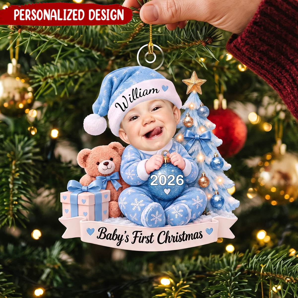 Personalized Baby First Christmas Ornament, Custom Face Photo Name