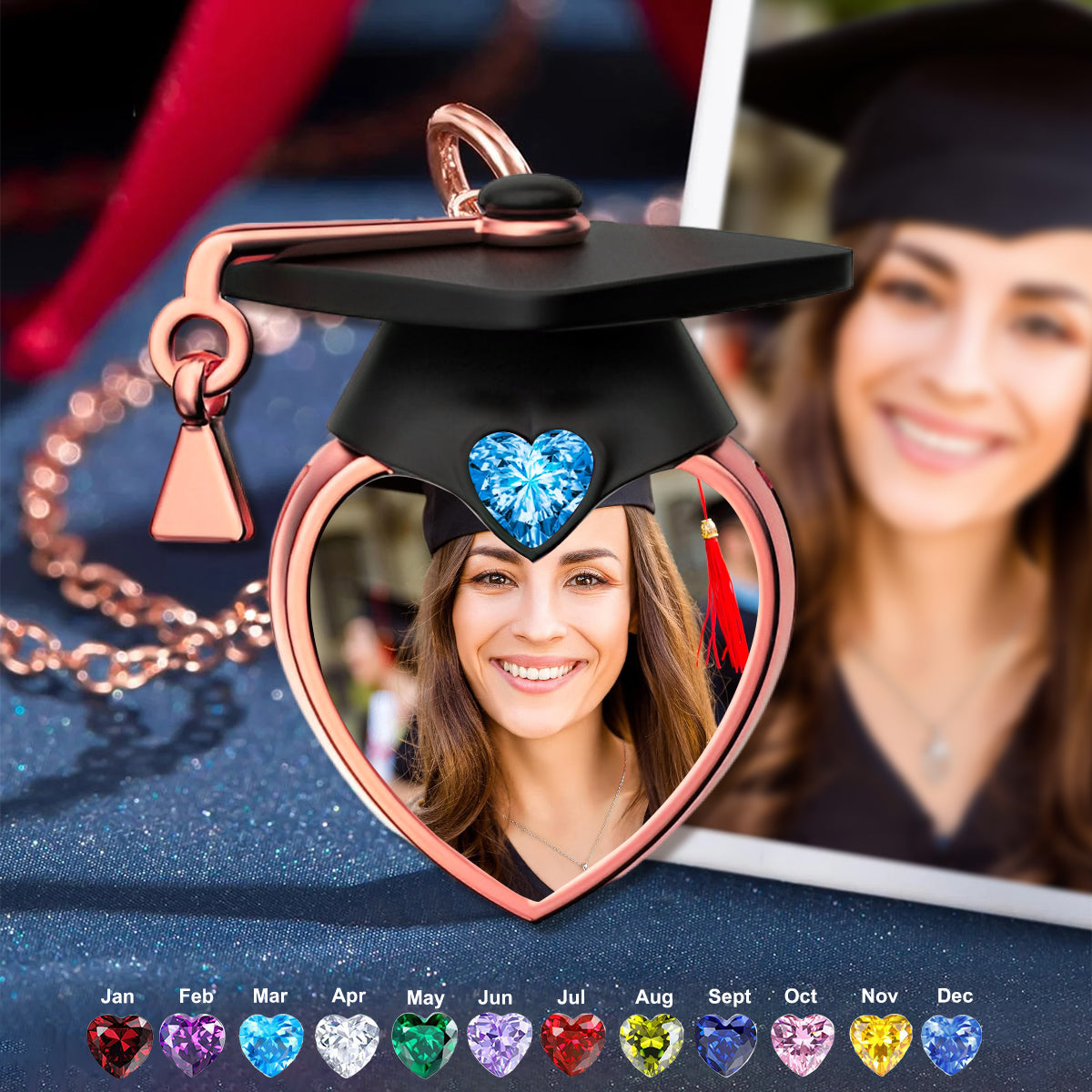 Upload photo -Personalized Graduation Cap Birthstone Necklace Graduation Gift
