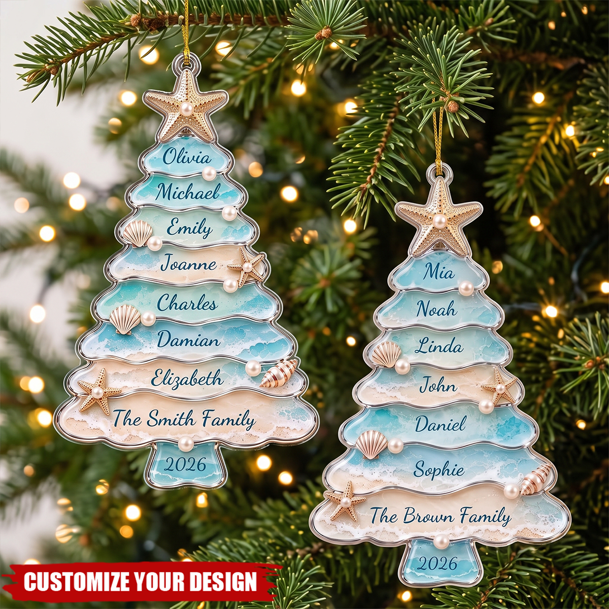 Personalized Coastal Christmas Ornament, Custom Ocean Beach Family Christmas Tree Ornament 2026