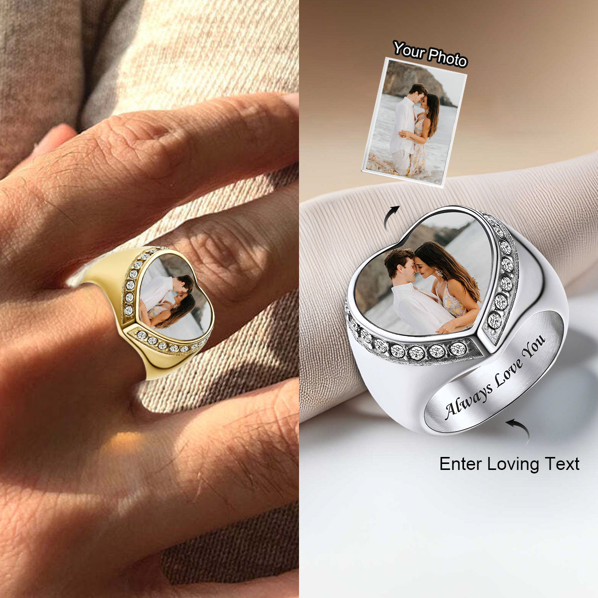 Personalized Heart Shape Signet Photo Ring for Couple