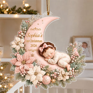 Personalized Sleeping Baby on Blush Floral Moon Christmas Ornament