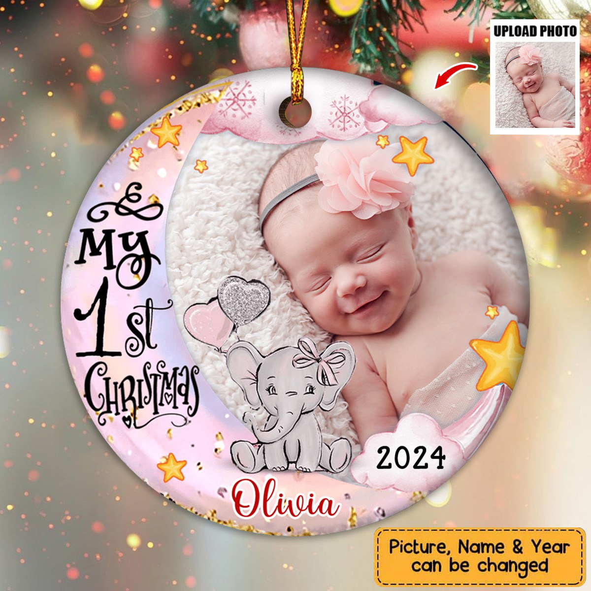 My First Christmas Elephant - Personalized Photo Ceramic Ornament