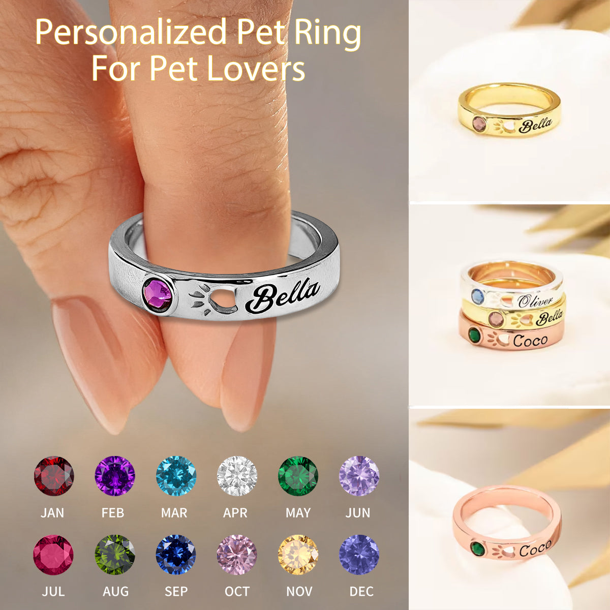 Personalized Birthstone Name Memorial Pet Paw Ring-Pet Loss Sympathy Gift