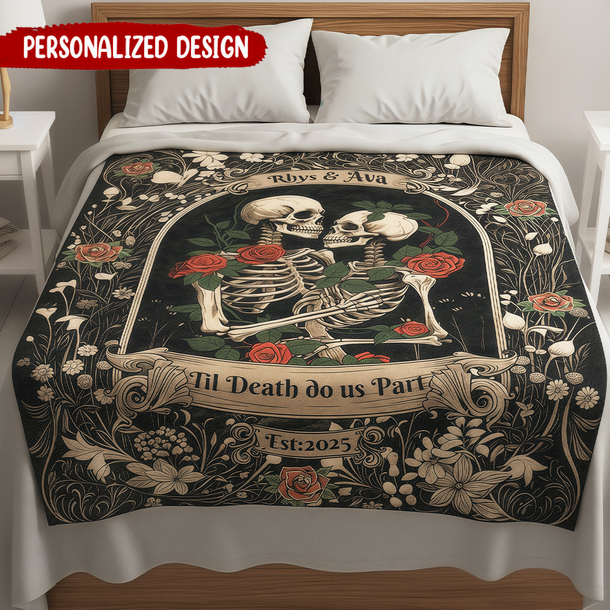 Dark Romantic Skeleton - Personalized Wedding Blanket For Him, Her