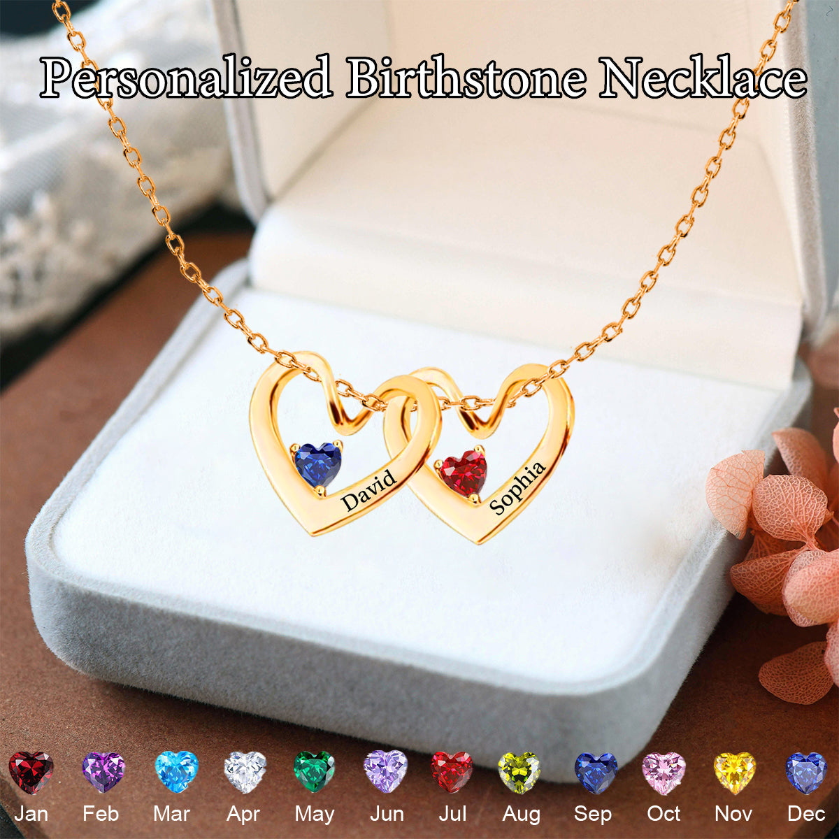 Personalized Heart Name Birthstone Necklace For Couple