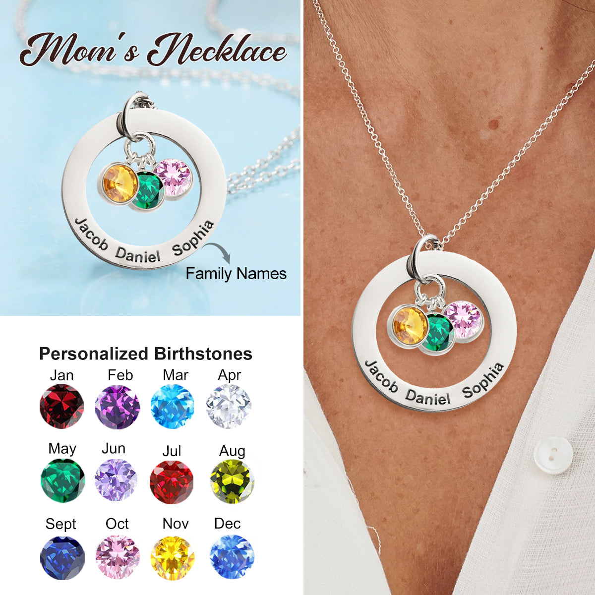 Personalized Name & Birthstone Necklace For Mom Grandma