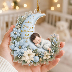 Personalized Sleeping Baby on Blush Floral Moon Christmas Ornament