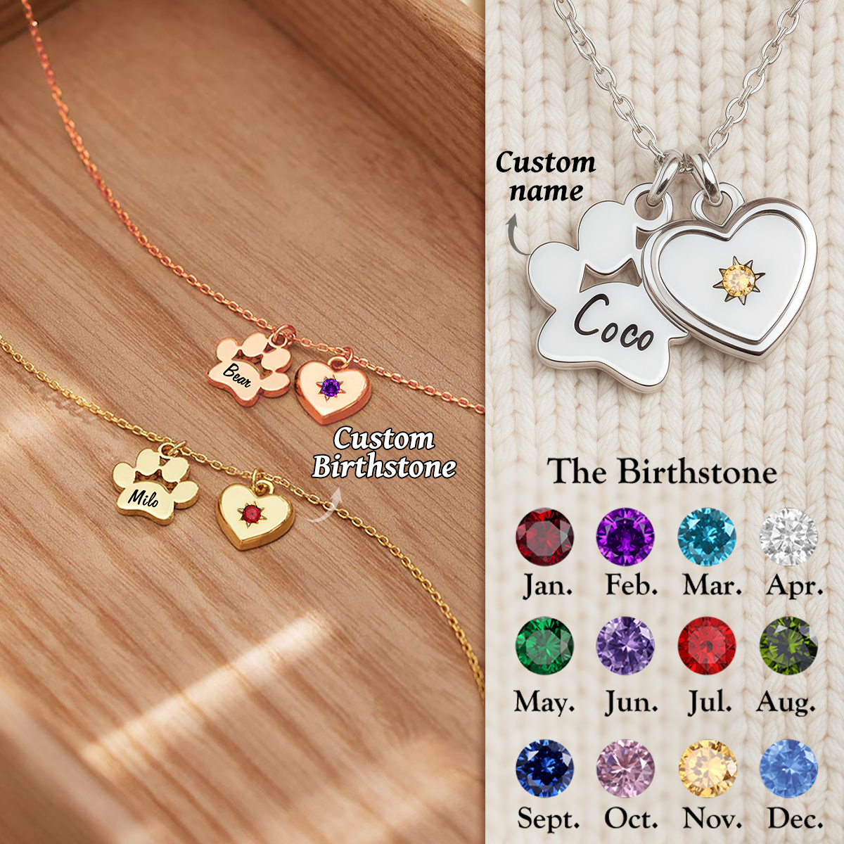 Personalized Pet Paw Birthstone Necklace, Gift For Pet Lovers