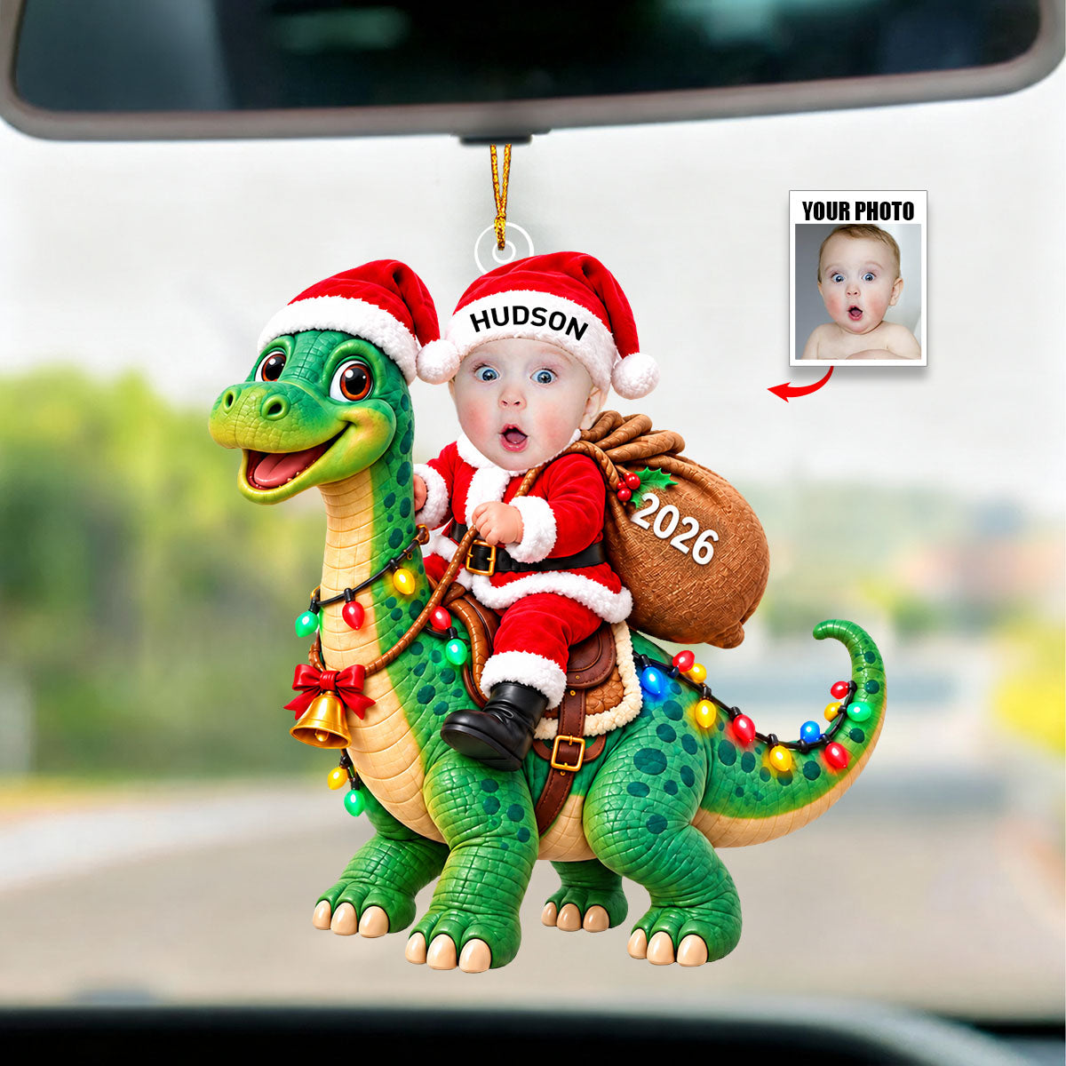 Personalized Baby Dinosaur Christmas Ornament, Custom Photo Kids Keepsake