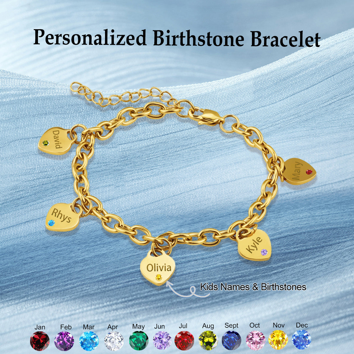 Personalized Engraved Birthstone Heart Charm Bracelet