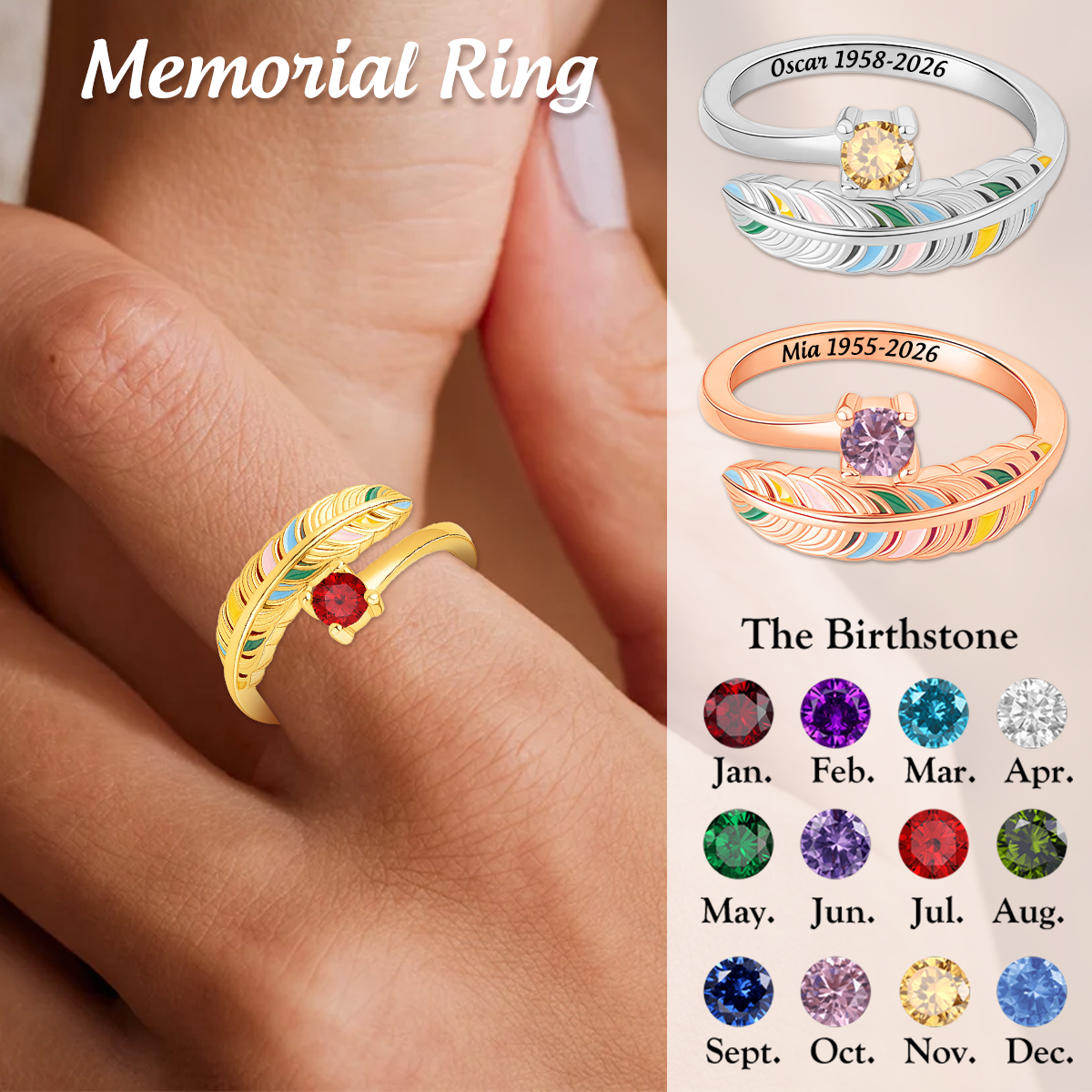 Forever In My Heart, Personalized Feather Birthstone Memorial Ring