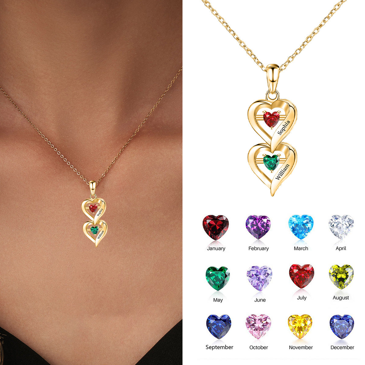 Personalized Two Heart Forever Love Birthstone Necklace