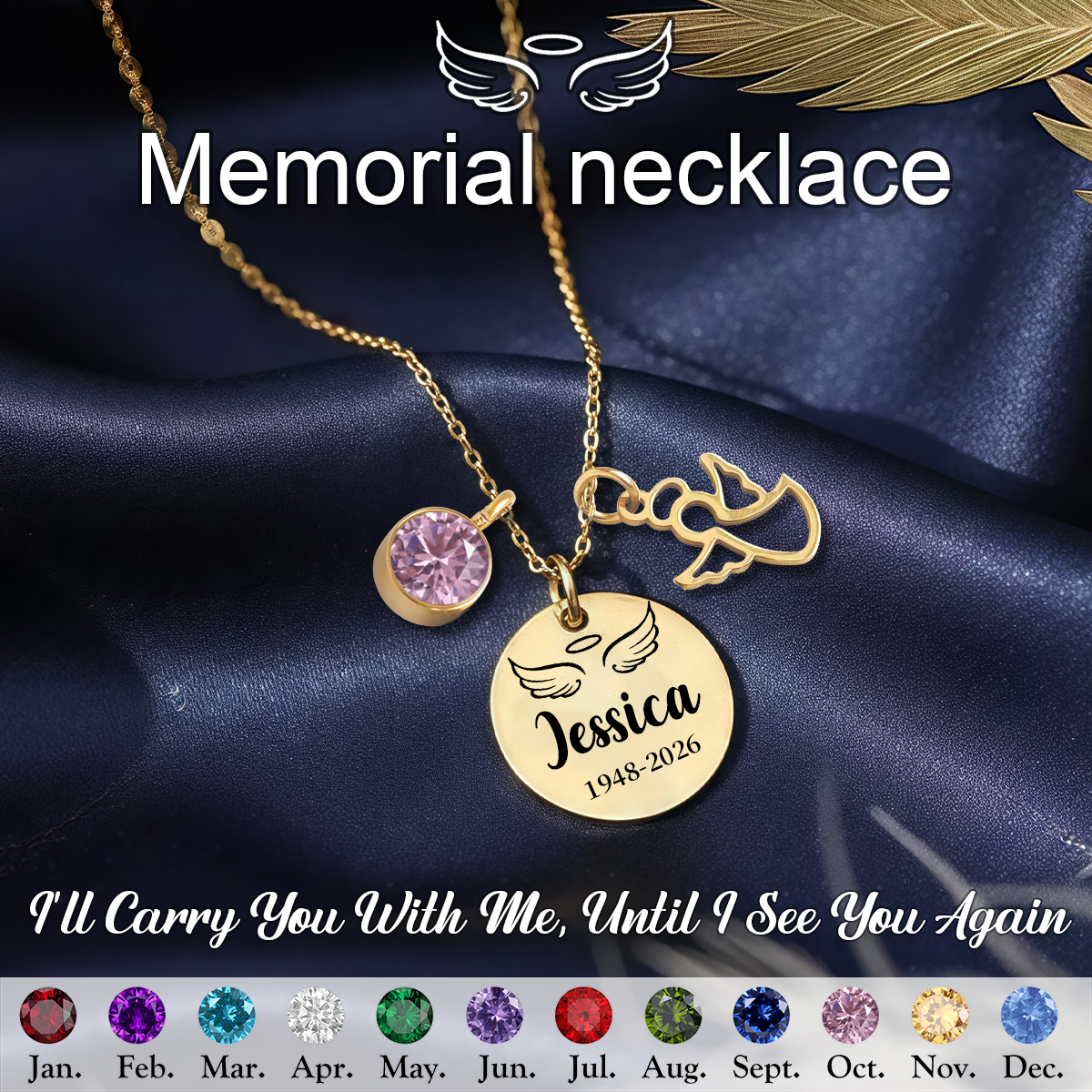 Always In My Heart, Personalized Angel Birthstone Memorial Necklace