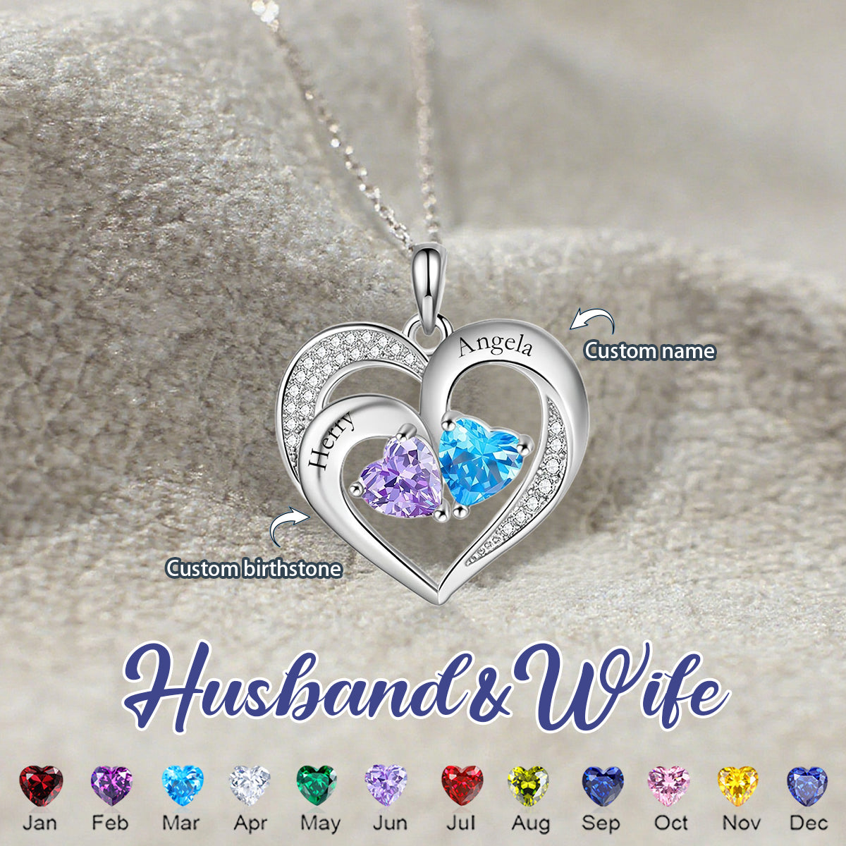 Personalized Heart-Shaped Name Birthstone Couple Necklace