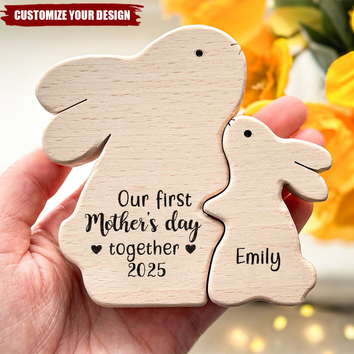 Personalized Wooden Mom And Baby Bunny, First Mother's Day Gift
