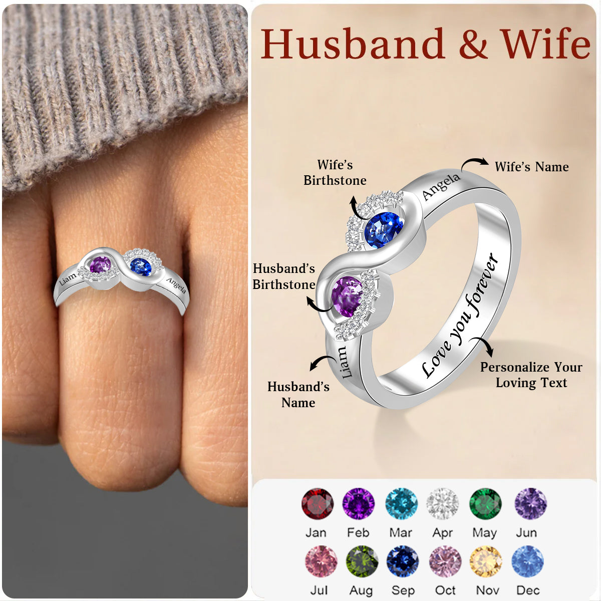 Personalized Couple Name Birthstone Ring-Gift for Lover