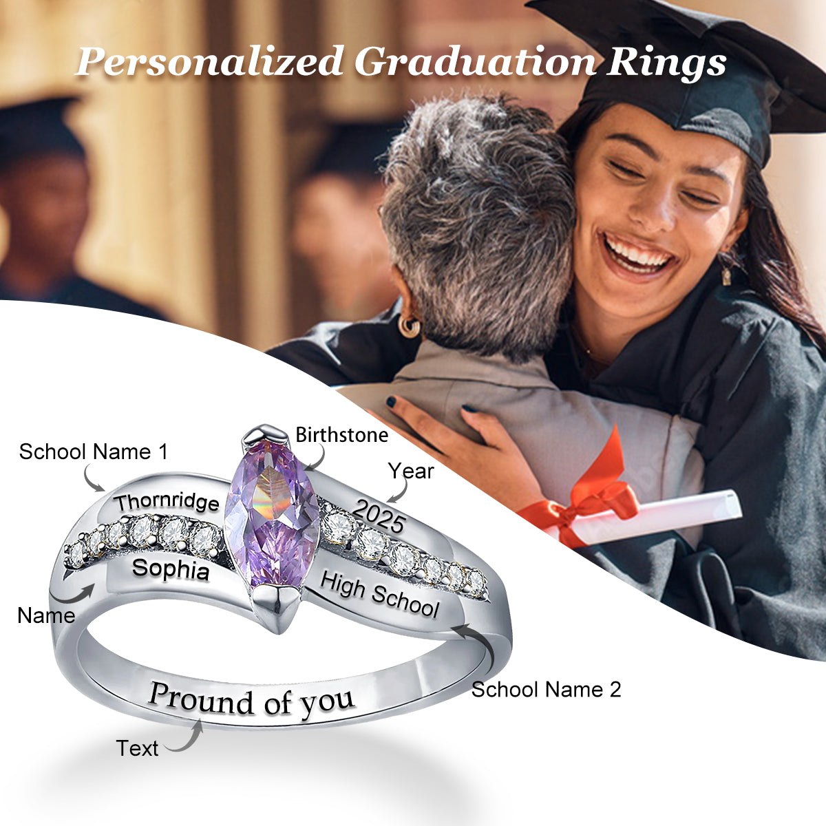 Personalized Birthstone Graduation Ring with Custom Engravings of University/School Name