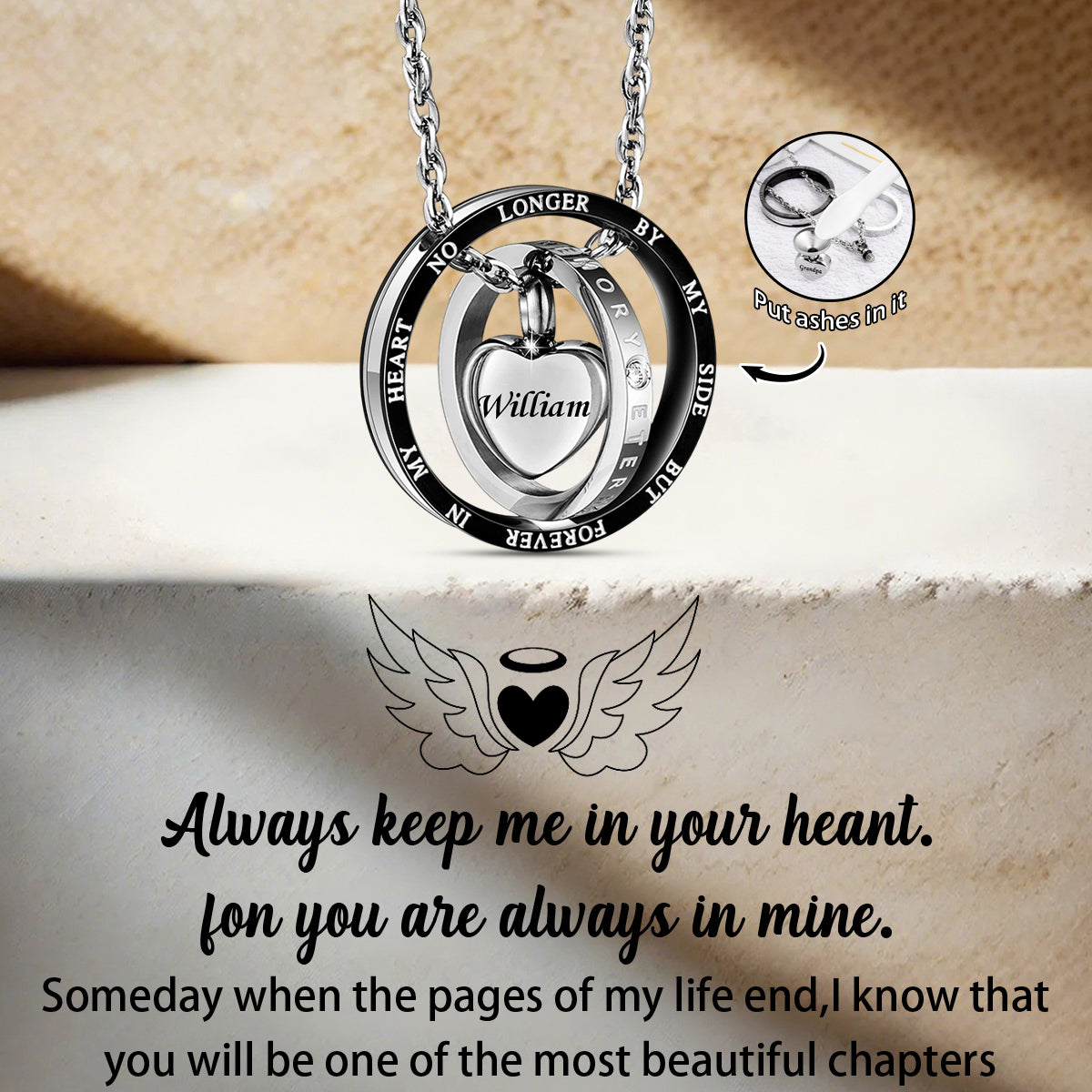 Personalized Engraved Name Heart Urn Memorial Necklace