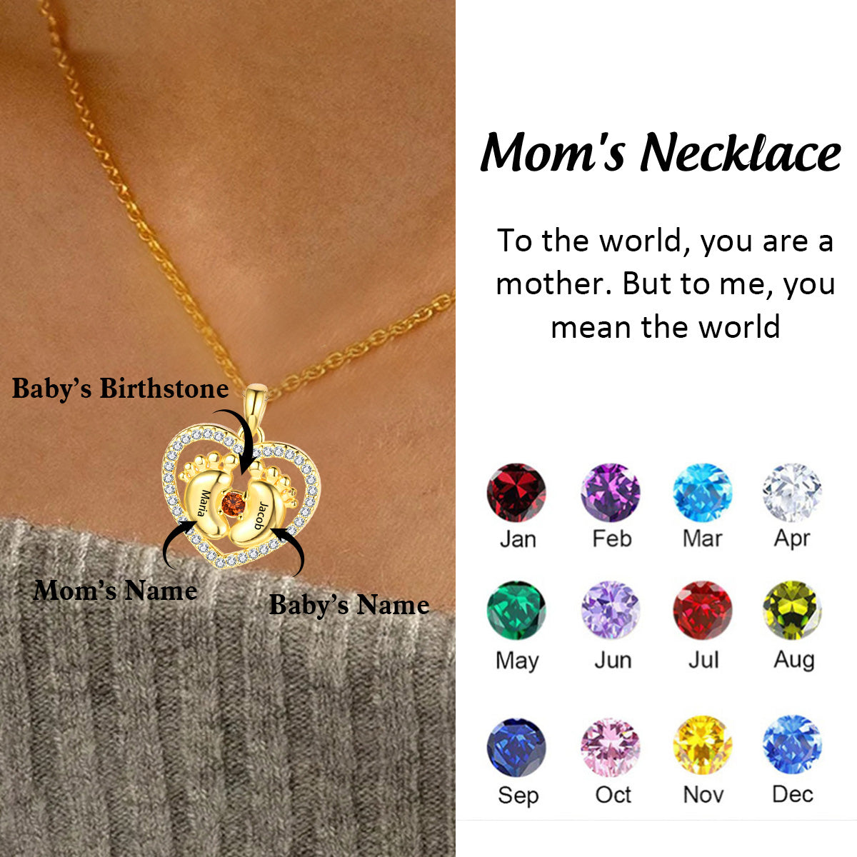 Personalized Baby Footprints  Name Birthstone Necklace - Mother's Day Gift
