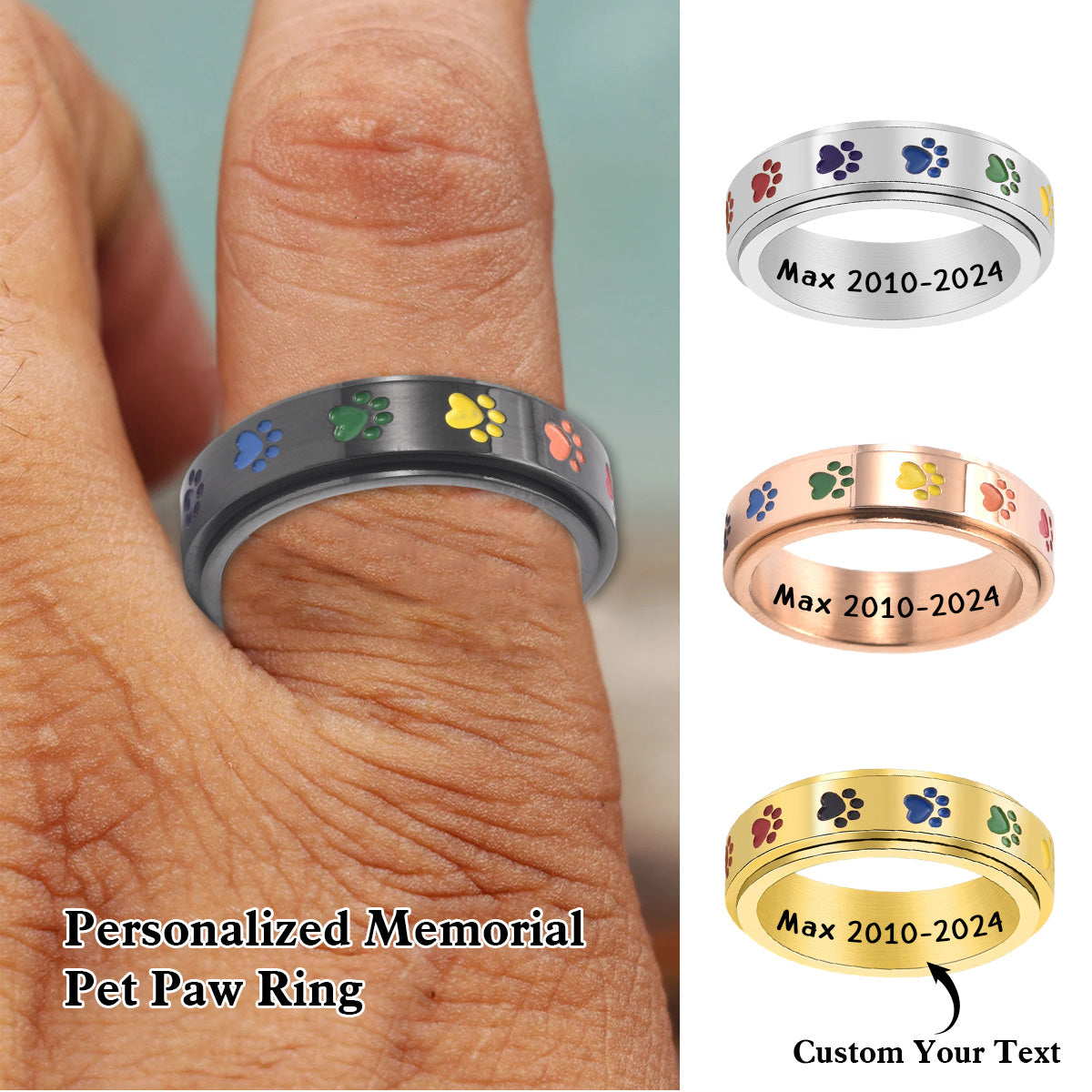 Personalized Rainbow Bridge Pet Paw Memorial Ring For Men- Pet Loss Sympathy Gift