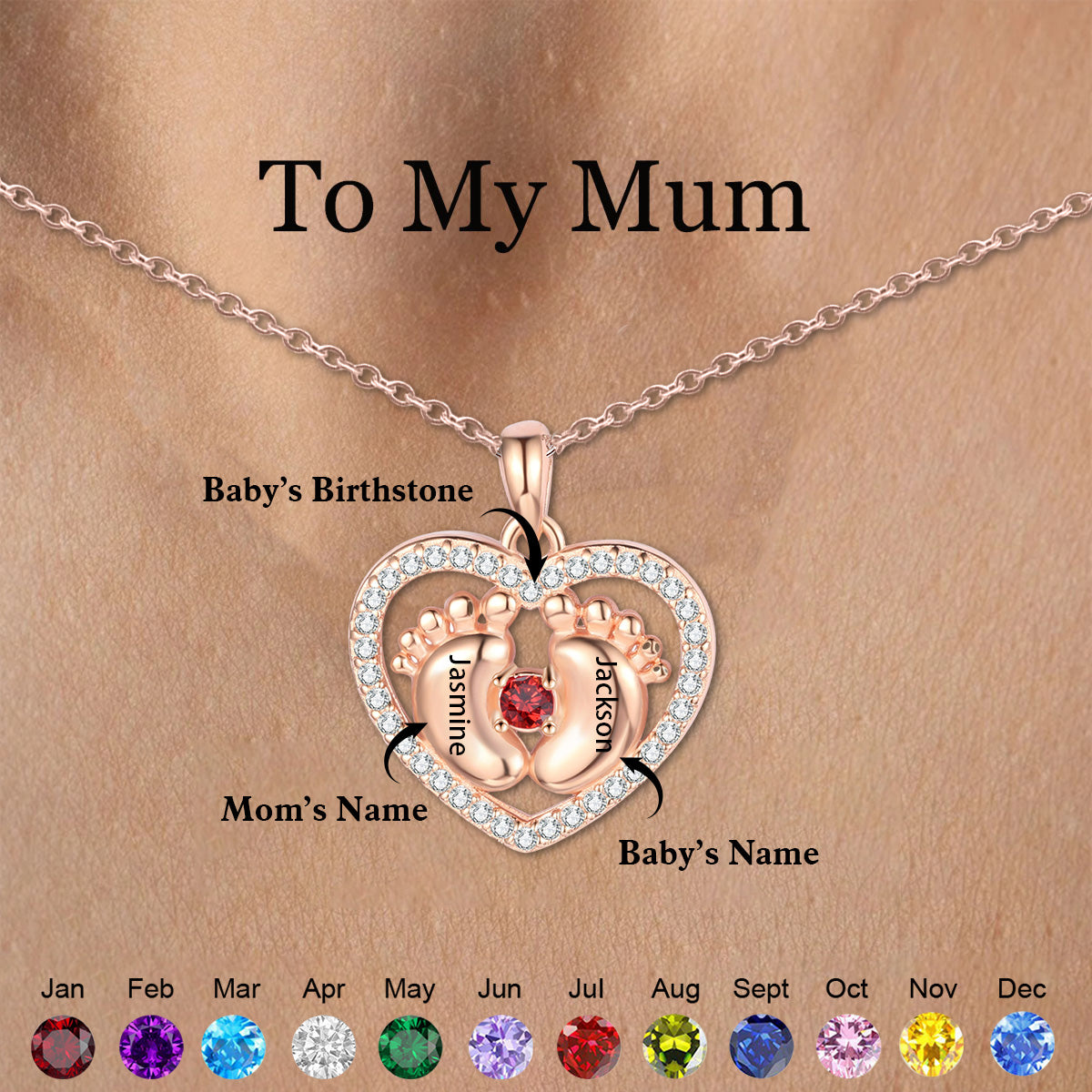 Personalized Baby Footprints  Name Birthstone Necklace - Mother's Day Gift