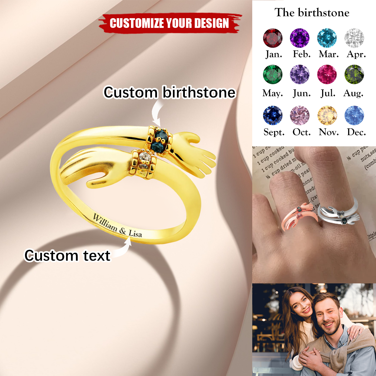 Personalized Birthstone Hug Ring With Inner Engraving