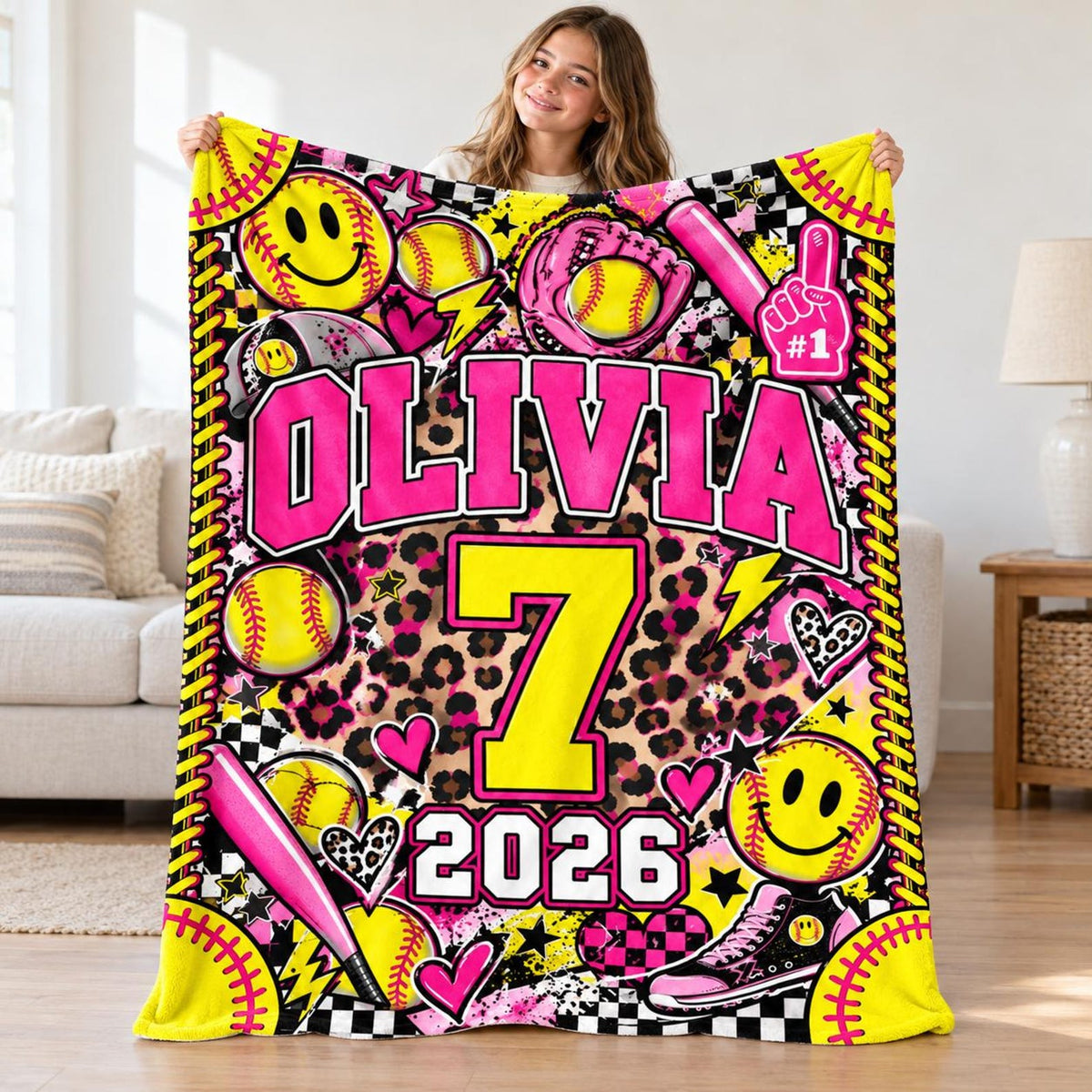 Personalized Softball Girl Blanket, Custom Name & Player Number Gift