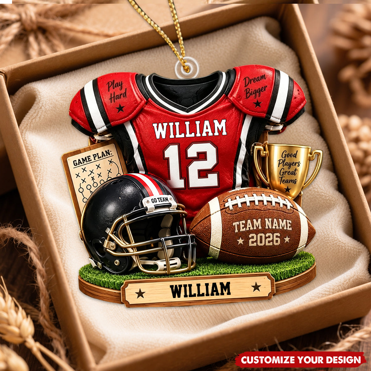 Personalized Football Christmas Ornament, Custom Football Team Gift
