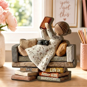 Personalized Book Lover Wooden Block - Custom Gift For Cat Mom Reader