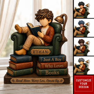 Personalized Boy Reading Wooden Plaque, Reading Room Decor Gift