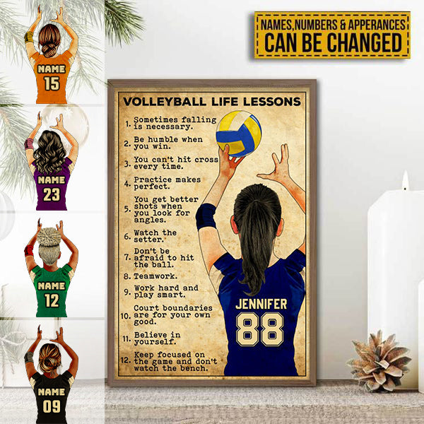 Custom Personalized Motivational Volleyball Life Lessons Poster, custom Name, Number & Appearance, Vintage Style