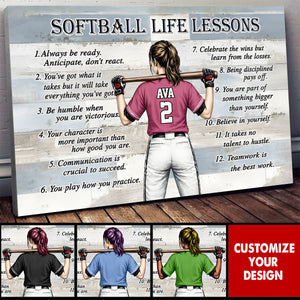 Softball Life Lessons Canvas & Poster, Personalized Softball Girl Gift